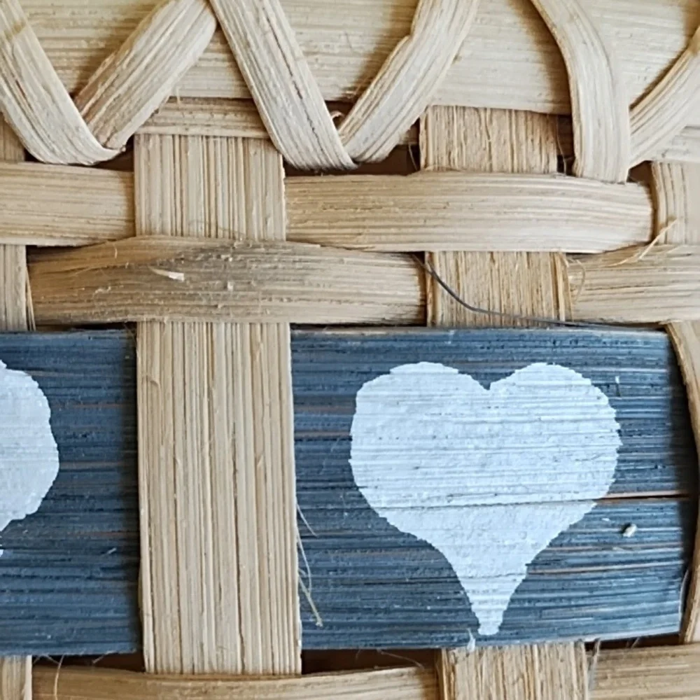 Vintage Handcrafted Woven Splint Wall Pocket Basket With Blue Heart Cutout Band